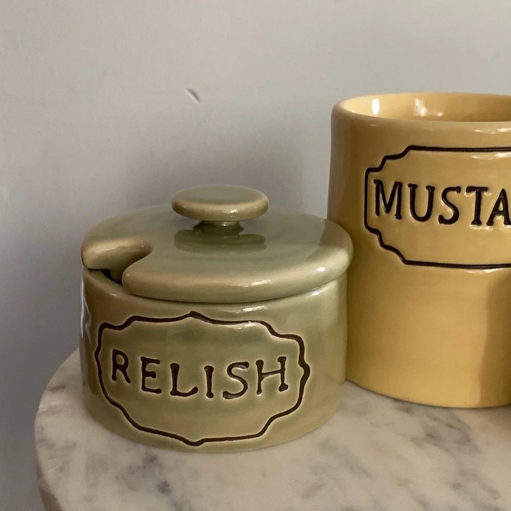 Pottery Barn Ceramic Condiment Set Relish‎ Mustard Mayonnaise Jars 3 Piece Set